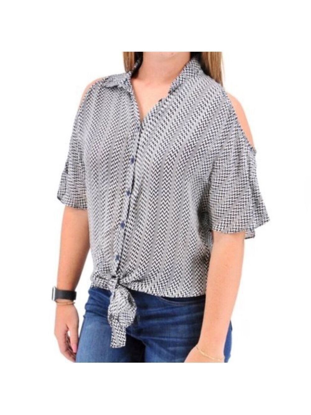 Parker Silk Short Flutter Sleeve Cold Shoulder Button Front Collared Top Size XS
